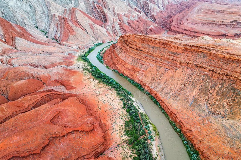 A stunning aerial photograph displaying the Rio San Juan as it meanders through the vibrant, rugged landscape of Utah, USA, showcasing a mixture of lush greenery and rich, red rocky formations