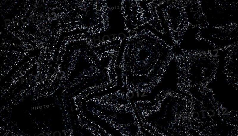 This abstract 3D render features a complex pattern of star-like shapes and swirling lines in monochrome, creating a mesmerizing visual effect