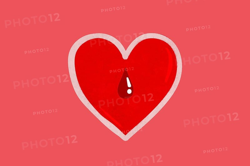 A heart-themed health illustration featuring a red heart with a blood droplet inside, set against a matching background It symbolizes cardiovascular health and awareness