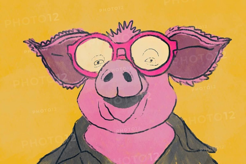 A whimsical illustration of a pink cartoon pig wearing large round glasses, set against a vibrant yellow background. This playful image captures a joyful and humorous expression