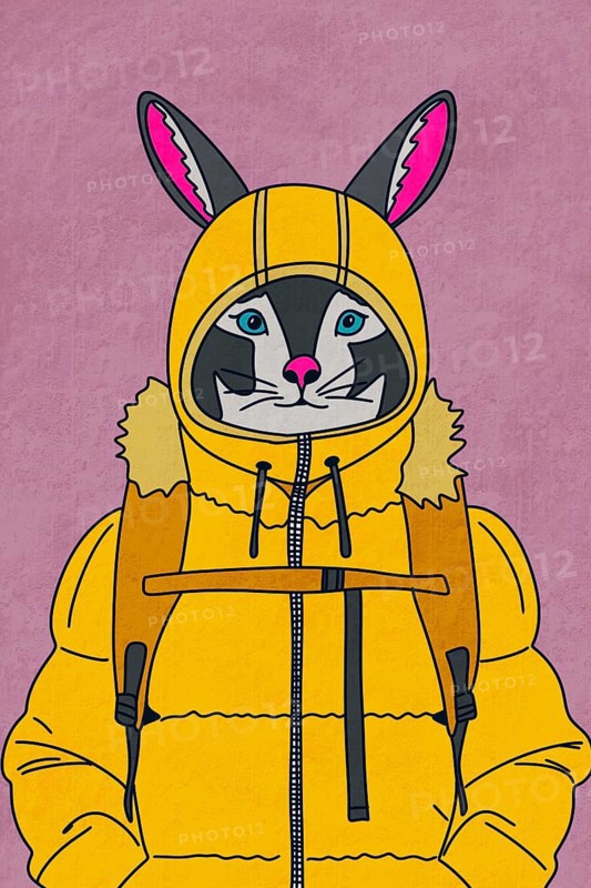 A whimsical illustration of a rabbit wearing a yellow hooded jacket and backpack The playful design features vivid colors and detailed textures, creating a charming and humorous character