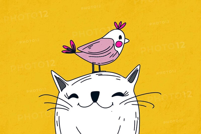 A whimsical illustration featuring a happy cat with closed eyes and a quirky bird perched on its head, set against a vibrant yellow background Perfect for animal-themed designs