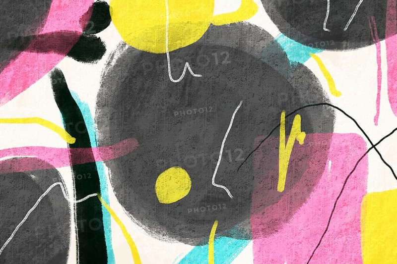 Artistic abstract design featuring dark textured circles surrounded by vibrant strokes of pink, yellow, and teal, with dynamic white and black lines across the composition