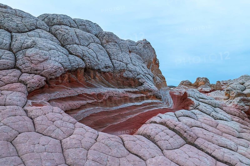 Detailed view of the unique, textured rock formations at White Pocket, Arizona, USA, featuring intertwined layers of red and pale stone against a dusk sky