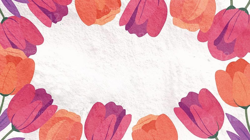 Colorful tulips in pink, purple, and orange surround a blank space, celebrating the beauty of spring. The illustration captures the essence of blooming flowers in a playful design