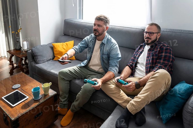 A gay couple sits on a cozy sofa in their living room, focused on playing video games. Sunlight streams in through the window, creating a relaxed and inviting atmosphere