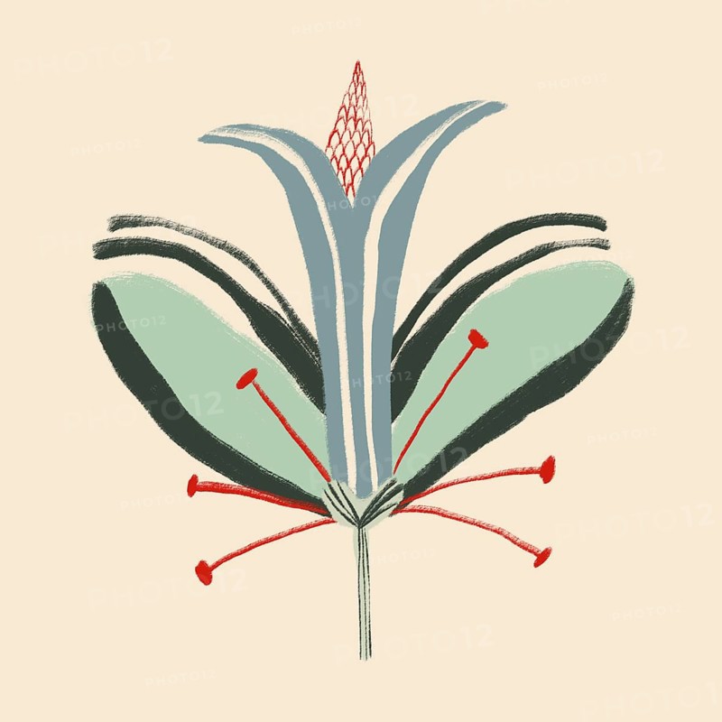 Unique artistic illustration showcasing an abstract flower with vibrant greens and reds, set against a soft beige background