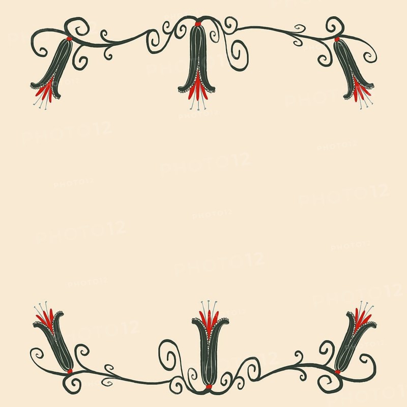 This artistic floral illustration features elegant black vines with intricate red and white flower ends, set against a soft beige background