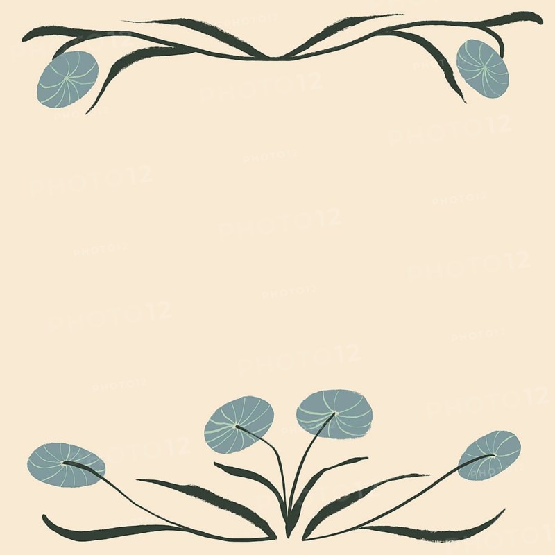 This image showcases an artistic illustration featuring abstract flowers with soft blue petals, harmoniously intertwined with long, flowing black stems against a muted background