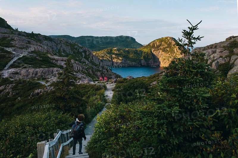 Back view of an unrecognizable hiker walking a wooden pathway towards a picturesque bay surrounded by rugged cliffs in Signal Hill, St. John's, Newfoundland & Labrador, Canada