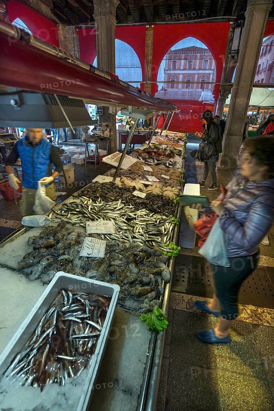 Fish market, rialto market in the San Polo district, Venice, Veneto, Italy