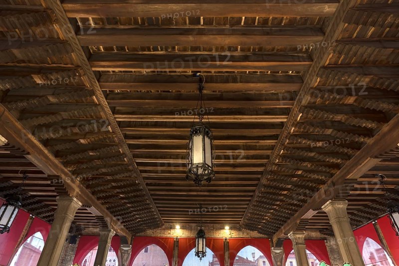 Historic wooden ceiling from the fish market, Rialto market in the San Polo district, Venice, Veneto, Italy