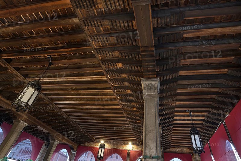Historic wooden ceiling from the Rialto market in the San Polo district, Venice, Veneto, Italy