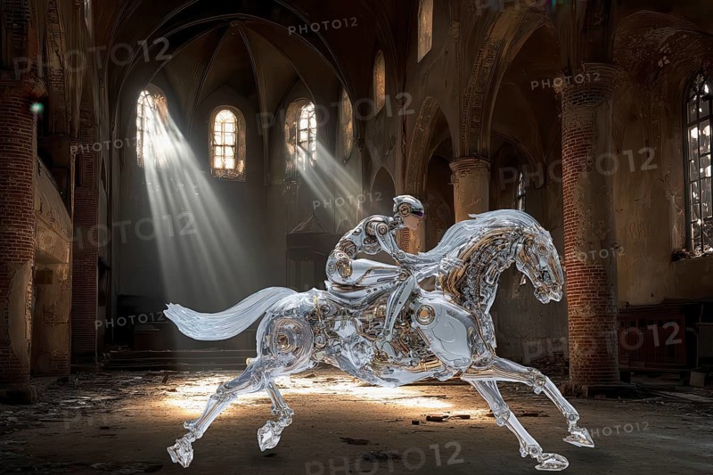 Female humanoid galloping a cyborg horse through a abandoned church, AI generated