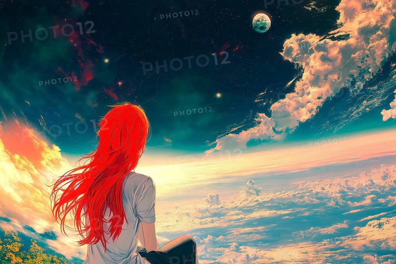 Anime girl with red hair captivated by the vision of a universe full of planets and stars, AI generated