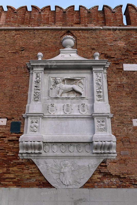 Heraldic relief of the city of Venice the Lion of St. Mark, on the wall of the Arsenal, weapons depot, Venice, Veneto, Italy