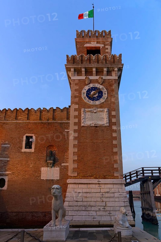 Renaissance clock tower from the Ingresso all'Acqua gate from the Arsenal, Venice, Veneto, Italy
