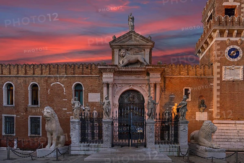 Renaissance entrance portal from Arsenal with evening sky, Venice, Veneto, Italy
