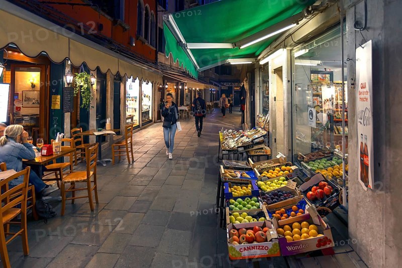 Fruit shop in the evening alleys, Venice, Veneto, Italy