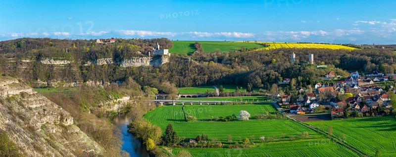 View of the river Saale, the village of Saaleck and the ruins of Rudelsburg and Saaleck castles, Saale valley near Bad Kösen, Naumburg, Saxony-Anhalt, Germany