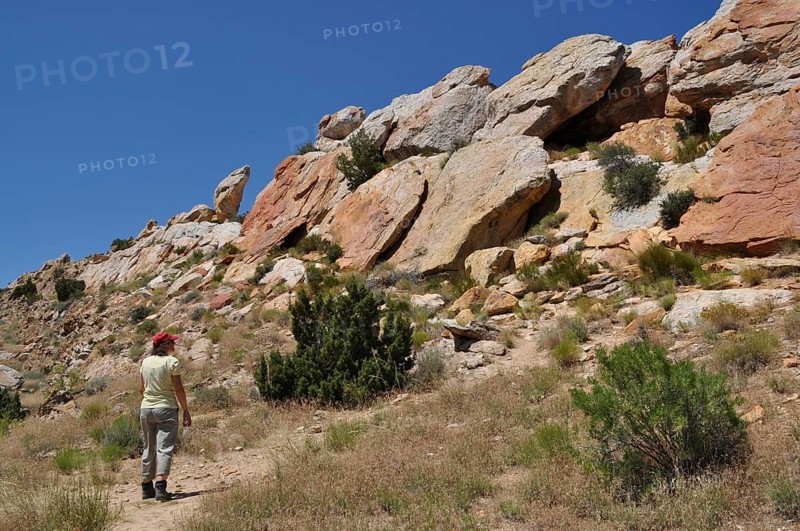 A person wanders along rocky landscape under clear skies, Dinosaur National Monument, Utah, USA