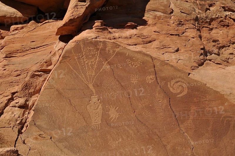Elaborate petroglyphs from the Fremont culture on a reddish sandstone, Dinosaur National Monument, Utah, USA