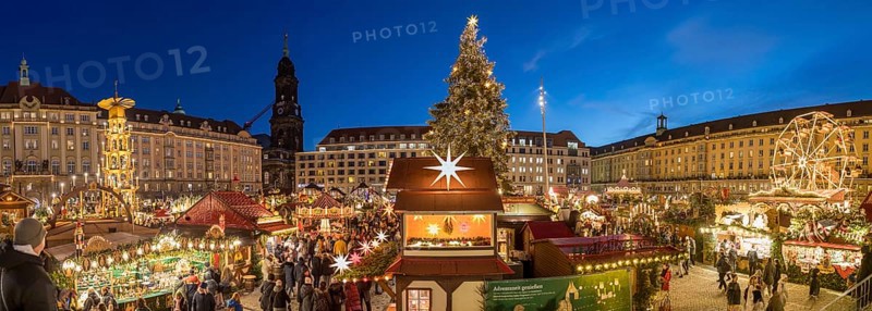 Panorama with Great Pyramid, Christmas Tree and Ferris Wheel at the Striezelmarkt Christmas Market on the Old Market Square in Dresden, with Kreuzkirche in the background, Saxony, Germany