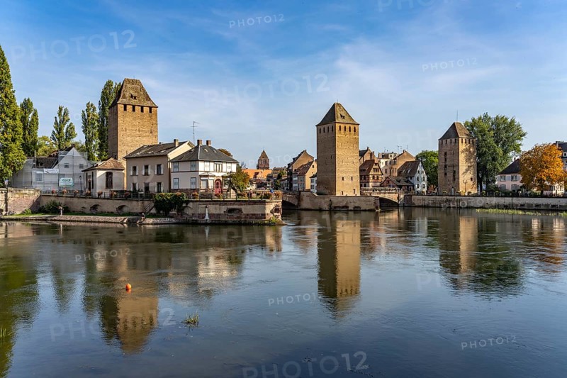 The towers of the Ponts Couverts Covered Bridges on the Ill in Strasbourg, Alsace, France