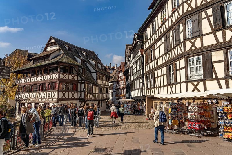 Half-timbered houses on Place Benjamin Zix and the Maison des Tanneurs in Petite France, Strasbourg, Alsace, France