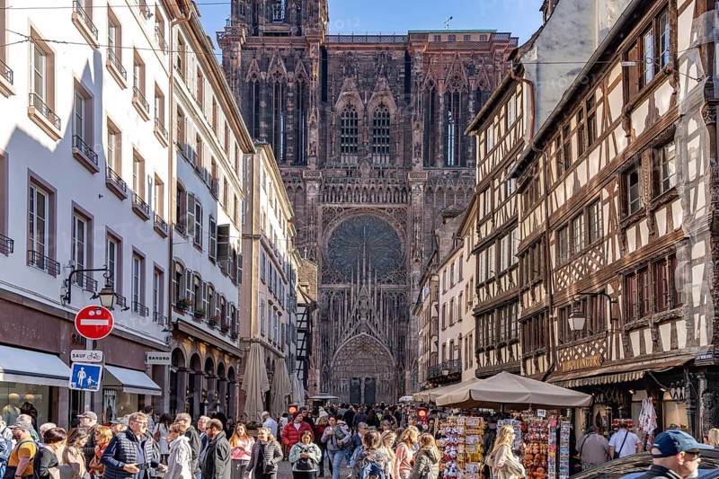 Maison Bollinger timbered house on Rue Mercière and Strasbourg Cathedral, Strasbourg, Alsace, France