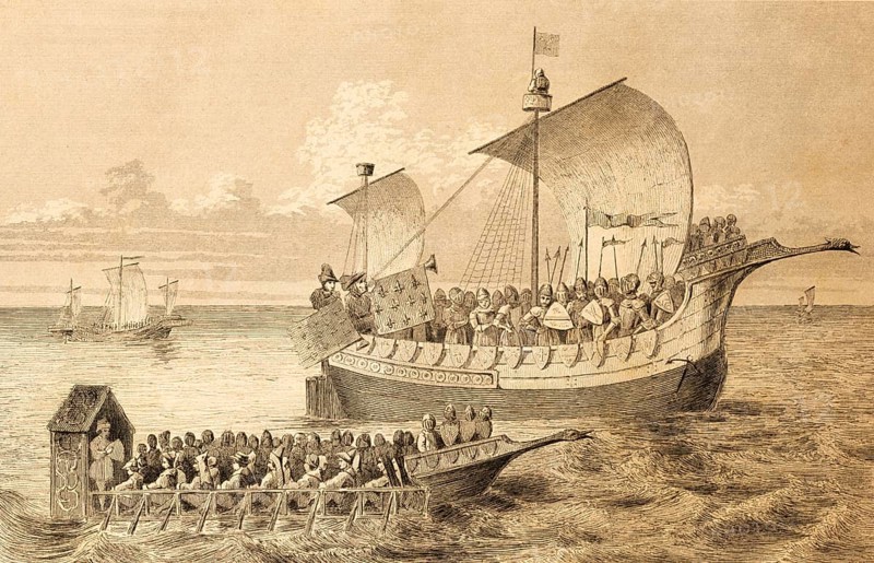 15th century ships, carrack, sailboat, two-master, full sails, large and small mast, crow's nest or lookout, warrior, lances, armor, shields, cargo, transport, pennant, rowing boat, sea, swell, historical illustration 1842