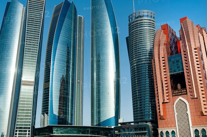 Abu Dhabi, United Arab Emirates. June 23rd 2019. Etihad Towers part of the modern glass fronted Abu Dhabi Skyline, capital of the United Arab Emirates