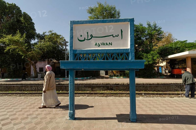 Aswan, Egypt. 7th January 2013 Platform sign at Aswan railway station, Upper Egypt