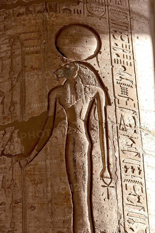 Hieroglyphic relief details from the Ramesseum, memorial temple or mortuary temple of Egyptian Pharaoh Ramesses II, part of the Theban Necropolis on the West Bank of the Nile, Luxor, Upper Egypt