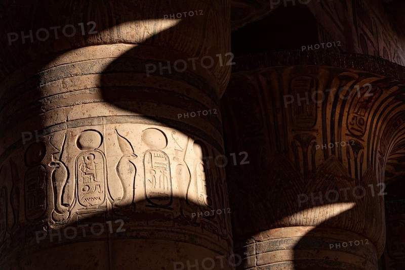 Hieroglyphic relief details from the Ramesseum, memorial temple or mortuary temple of Egyptian Pharaoh Ramesses II, part of the Theban Necropolis on the West Bank of the Nile, Luxor, Upper Egypt
