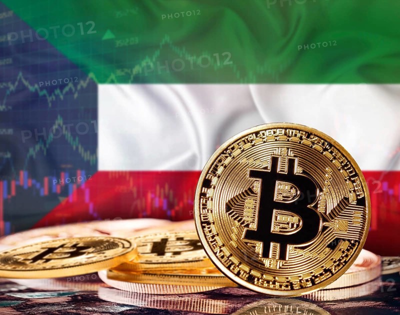 Bitcoin with Kuwait flag in the background. Investors in cryptocurrency and Blockchain Technology in Kuwait, Concept
