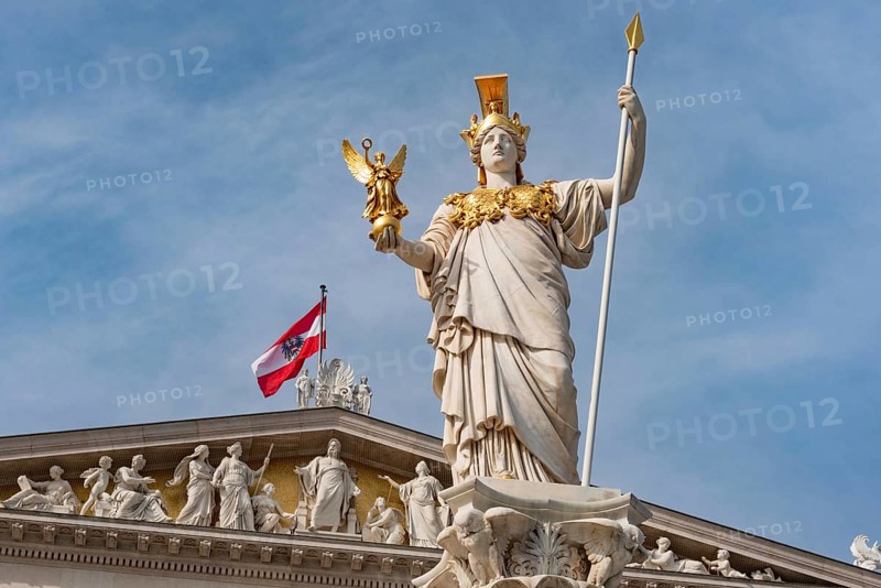 Vienna, Austria. October 5th 2023 Carved figures on the roof of the Parliament Building, part of a montage of Viennese landmarks setting the scene for the movie The Third Man, Vienna, Austria