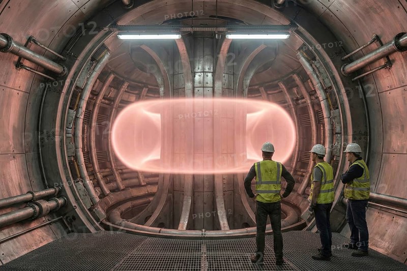 Visualisation of plasma inside a fusion reactor (tokamak) with male employees in the foreground, AI generated