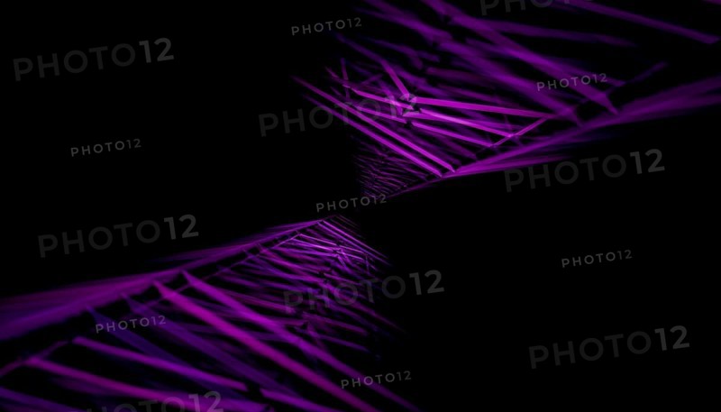 This digital artwork features a 3D rendered illustration of an abstract, geometric tunnel in shades of purple, creating a futuristic and immersive visual experience