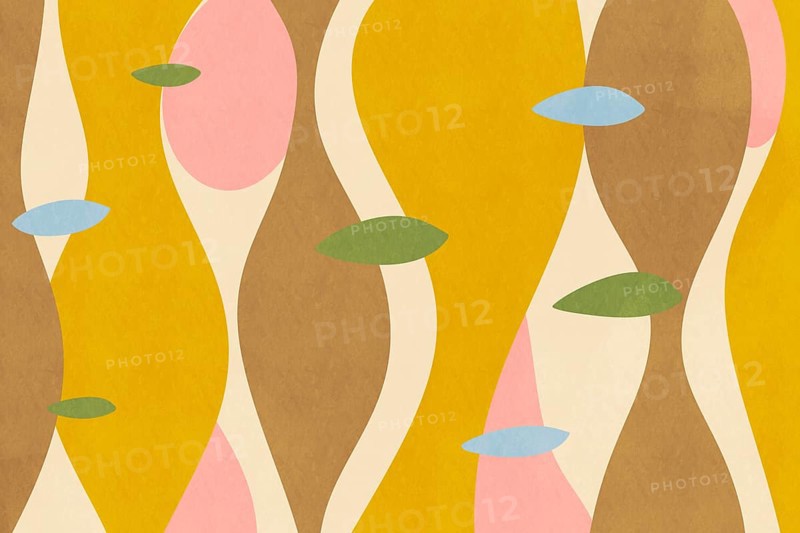 This abstract background features a colorful, retro-inspired pattern with organic shapes in shades of yellow, pink, green, and blue on a textured, beige base