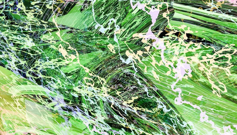 This digital artwork features vivid abstract lightning patterns in a dynamic 3D design, showcasing a blend of green and purple hues on a textured canvas
