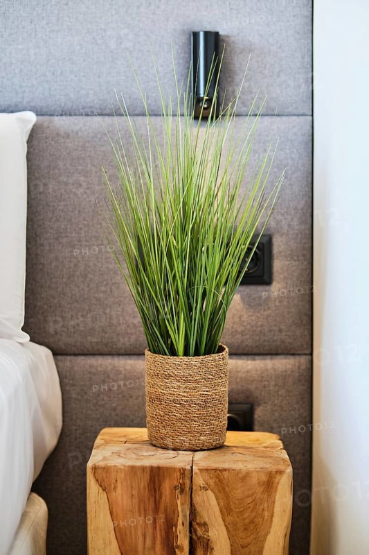 A modern hotel room detail featuring a wooden bedside table with a woven plant pot. The gray upholstered headboard adds a touch of elegance and comfort