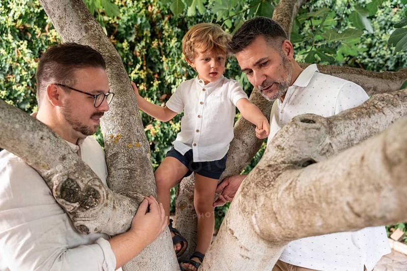 A gay couple enjoys a sunny day with their young son in a tree, exploring outdoors and cherishing moments together. Warm family bonds in a natural setting