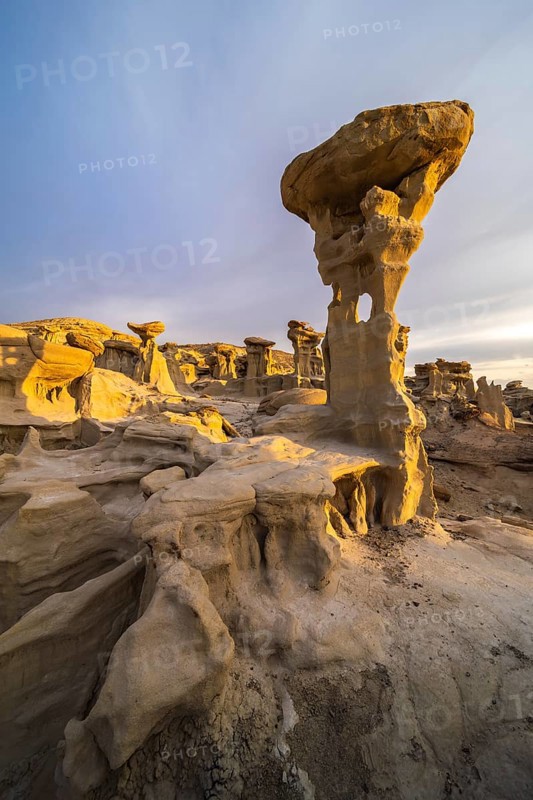 Sunrise illuminates the unique rock formations in Bisti De-Na-Zin Wilderness, New Mexico The natural sculptures create a captivating desert landscape