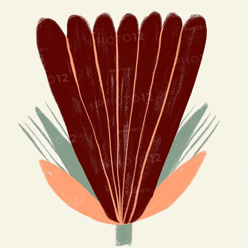 A vibrant, abstract illustration of a spring flower featuring bold, expressive strokes in shades of maroon, green, and orange