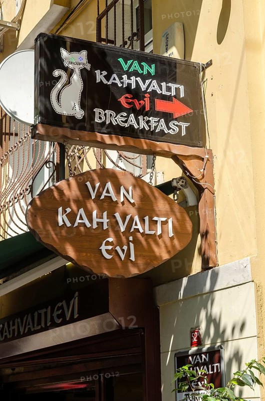 Istanbul, Turkey. 14th May 2015 Van Kahvalti Evi, Breakfast restaurant sign, Cihangir near Taksim, Istanbul, Turkey