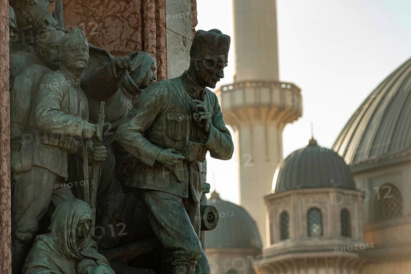Istanbul, Turkey 10th November 2022 Turkish Republic Monument or Ataturk Statue and the recently built Taksim Mosque opposite Gezi Park close to Istiklal Street in Istanbul, Turkey
