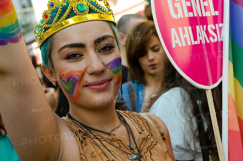 Istanbul, Turkey. 28th June, 2015 A young Turkish woman with rainbow face paint celebrates Gay Pride in Istanbul, Turkey