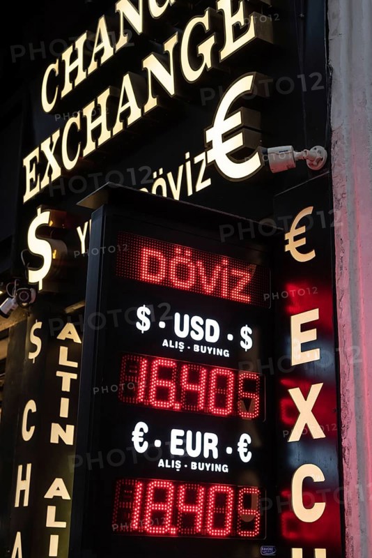 Istanbul, Turkey. December 18th 2021 A currency exchange office during an economic crisis in Turkey with rising inflation and the Turkish lira depreciating at record rates against the Dollar and Euro