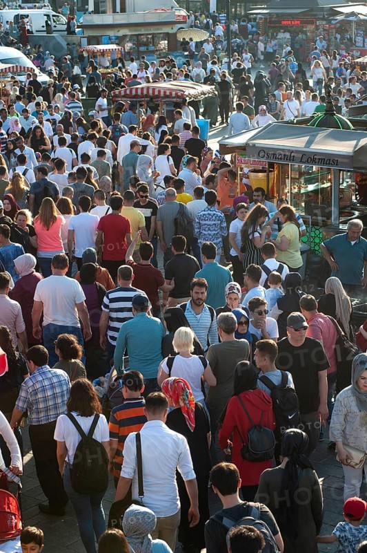 Istanbul, Turkey. June 7th 2019 A crowded Eminonu district on the banks of the Golden Horn on the European side of Istanbul, Turkey
